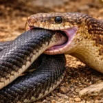 Serpent en train de dévorer un congénère, illustration du cannibalisme chez les serpents observé chez plus de 200 espèces.