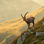 Bouquetin des Alpes debout sur une pente rocheuse en pleine montagne, éclairé par la lumière du jour