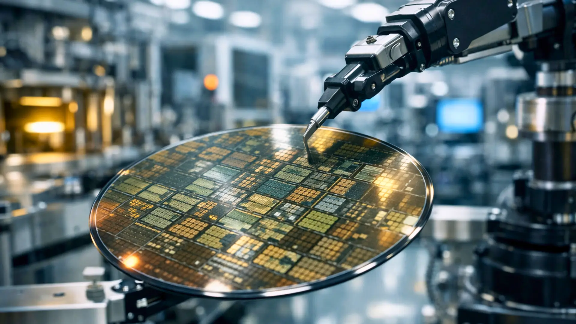 Un bras robotisé manipule une plaquette de semi-conducteurs dans une usine chinoise de fabrication de puces électroniques.