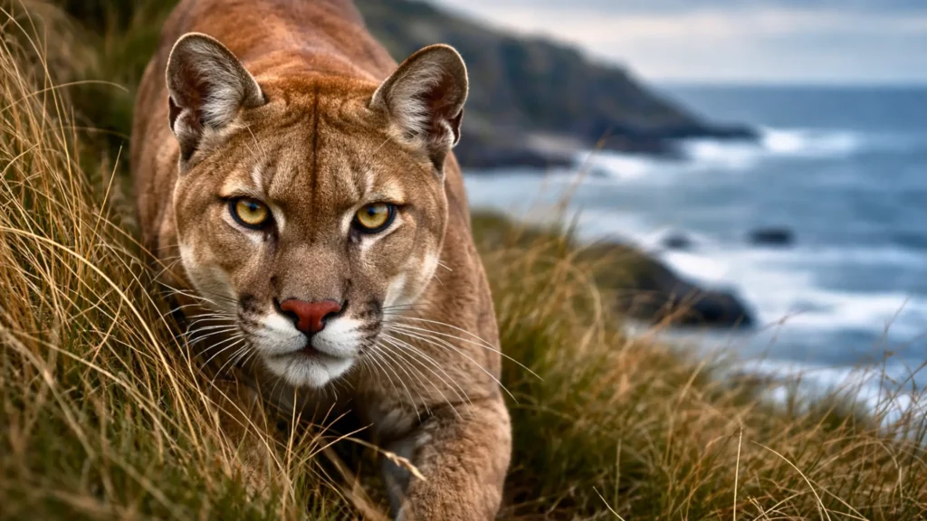 Gros plan d’un puma au regard perçant, dissimulé dans les herbes sèches de la côte patagonienne, l’océan en arrière-plan.
