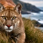 Gros plan d’un puma au regard perçant, dissimulé dans les herbes sèches de la côte patagonienne, l’océan en arrière-plan.