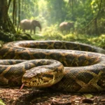 Un python géant préhistorique de quatre mètres, enroulé sur le sol d’une forêt tropicale luxuriante, avec des éléphants nains flous en arrière-plan.