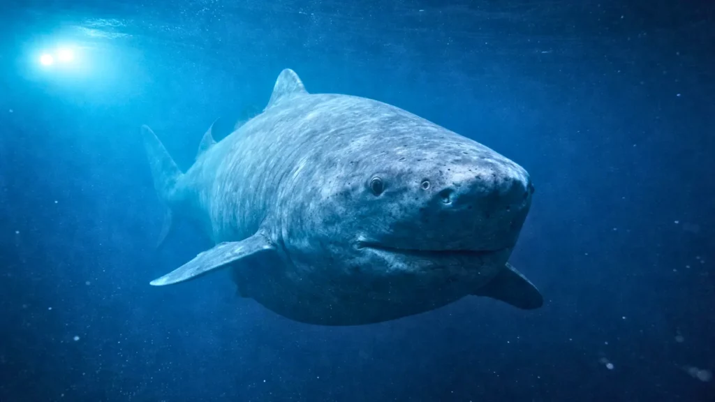 Un requin dormeur massif nage lentement dans les profondeurs sombres de l’océan Austral, éclairé par une lumière scientifique à près de 500 mètres sous la surface.