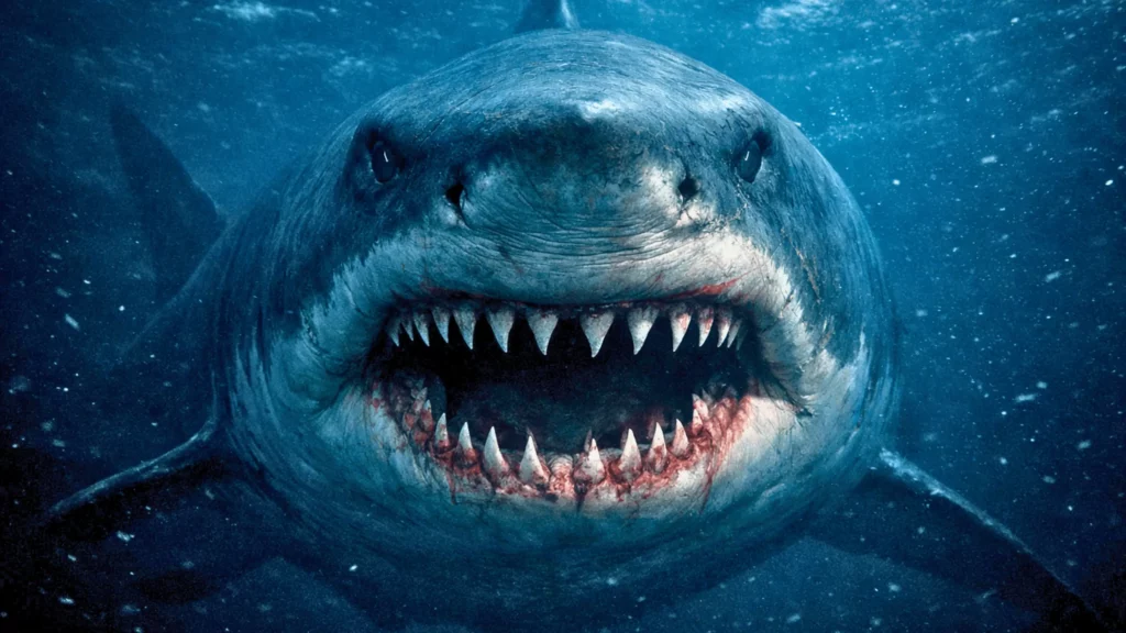 Requin géant préhistorique surgissant des profondeurs, gueule entrouverte et dents acérées visibles dans une eau sombre et menaçante.