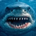 Requin géant préhistorique surgissant des profondeurs, gueule entrouverte et dents acérées visibles dans une eau sombre et menaçante.