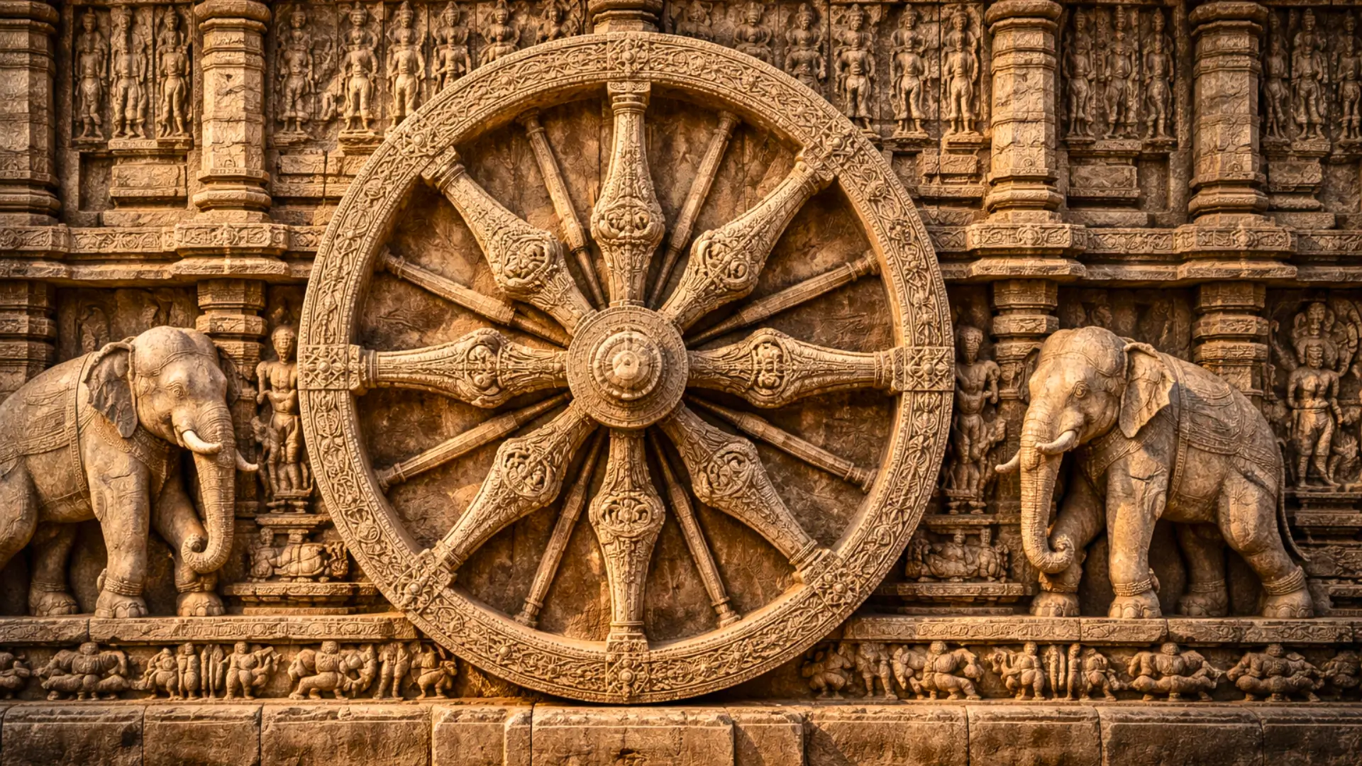 Grande roue en pierre finement sculptée intégrée à la façade d’un temple ancien, entourée de bas-reliefs d’animaux et d’ornements architecturaux.