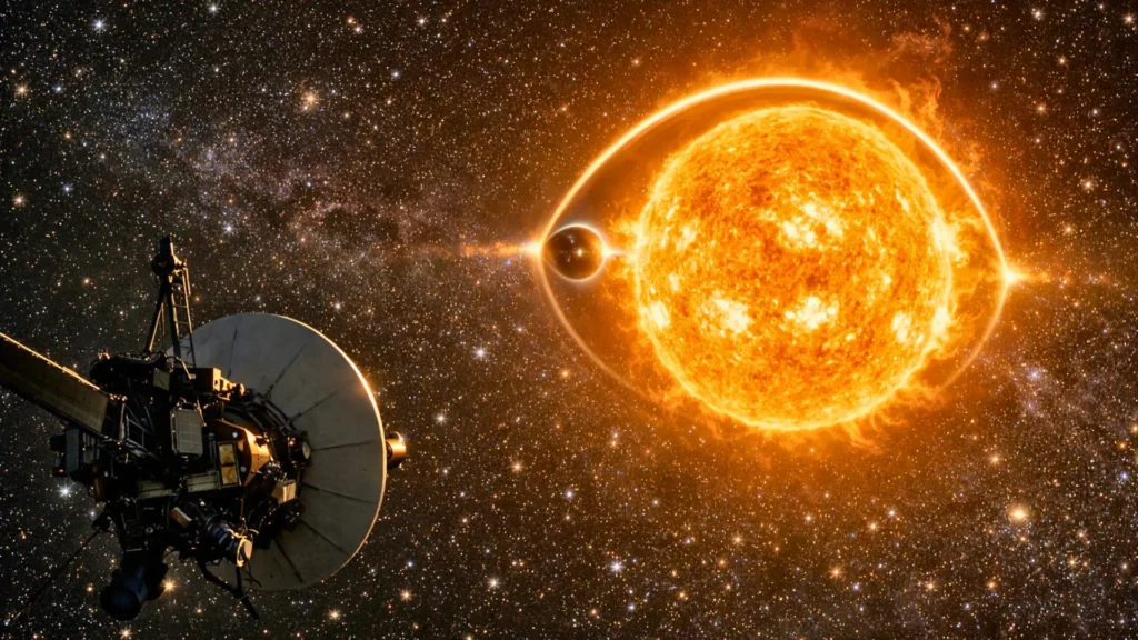Une sonde spatiale observe le Soleil utilisé comme lentille gravitationnelle, avec un arc lumineux d’exoplanète déformée en arrière-plan.