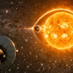 Une sonde spatiale observe le Soleil utilisé comme lentille gravitationnelle, avec un arc lumineux d’exoplanète déformée en arrière-plan.