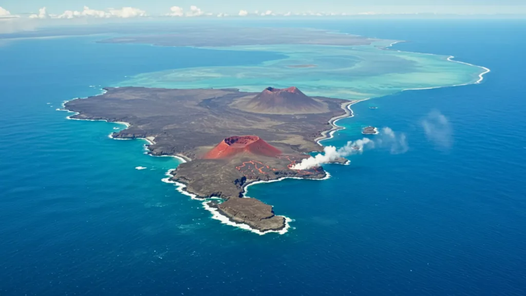 Vue aérienne d’une île volcanique active entourée d’océan turquoise, avec coulées de lave et cratères, illustrant la tectonique des plaques et ses effets sur la vie marine.