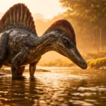 Un Spinosaurus mirabilis debout dans une rivière peu profonde du Crétacé, sa grande crête incurvée bien visible au coucher du soleil.