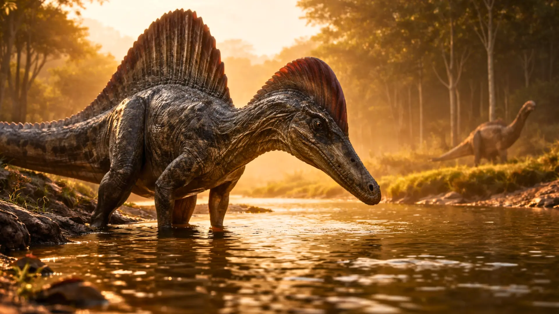 Un Spinosaurus mirabilis debout dans une rivière peu profonde du Crétacé, sa grande crête incurvée bien visible au coucher du soleil.