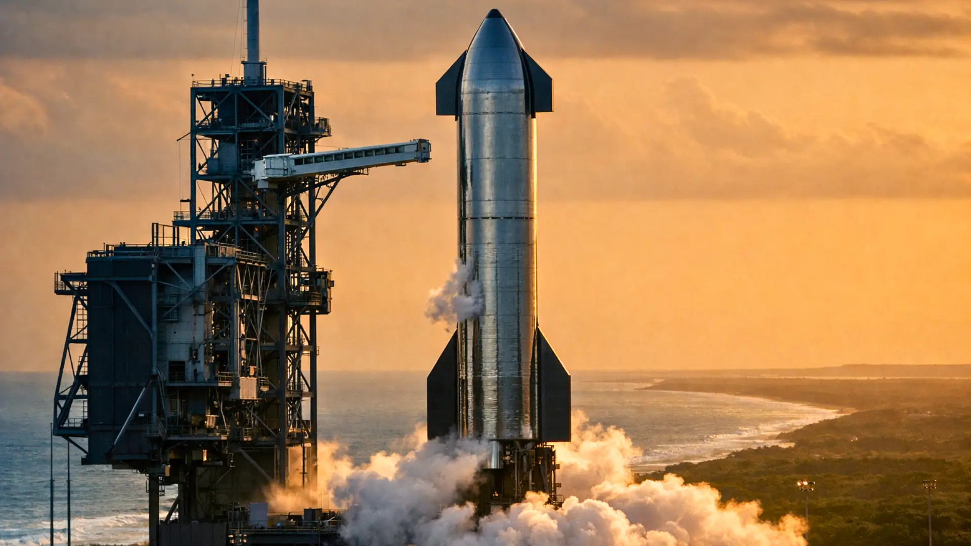 La fusée Starship dressée sur le complexe de lancement 39A au Kennedy Space Center, de la vapeur s’échappant à sa base face à l’océan Atlantique au coucher du soleil.