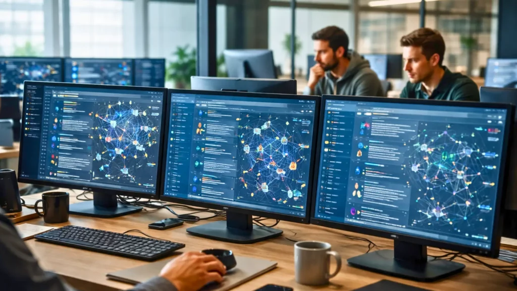 Tableaux de bord montrant des réseaux d’intelligences artificielles débattant entre elles sur une plateforme numérique sans intervention humaine