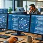 Tableaux de bord montrant des réseaux d’intelligences artificielles débattant entre elles sur une plateforme numérique sans intervention humaine