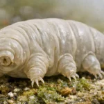 Tardigrade observé au microscope, montrant son corps segmenté et ses pattes munies de griffes sur un substrat humide.