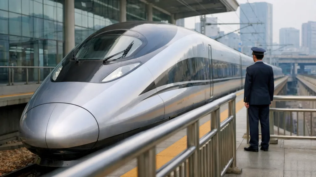 Train à grande vitesse chinois à l’arrêt en gare, vu de face avec son nez aérodynamique et une architecture moderne en arrière-plan.
