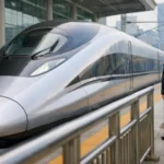Train à grande vitesse chinois à l’arrêt en gare, vu de face avec son nez aérodynamique et une architecture moderne en arrière-plan.