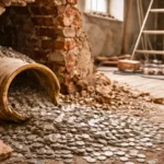 Un pot en céramique brisé renversé sur un plancher en bois, laissant s’échapper des milliers de pièces d’argent anciennes dans un bâtiment en rénovation à Moscou.