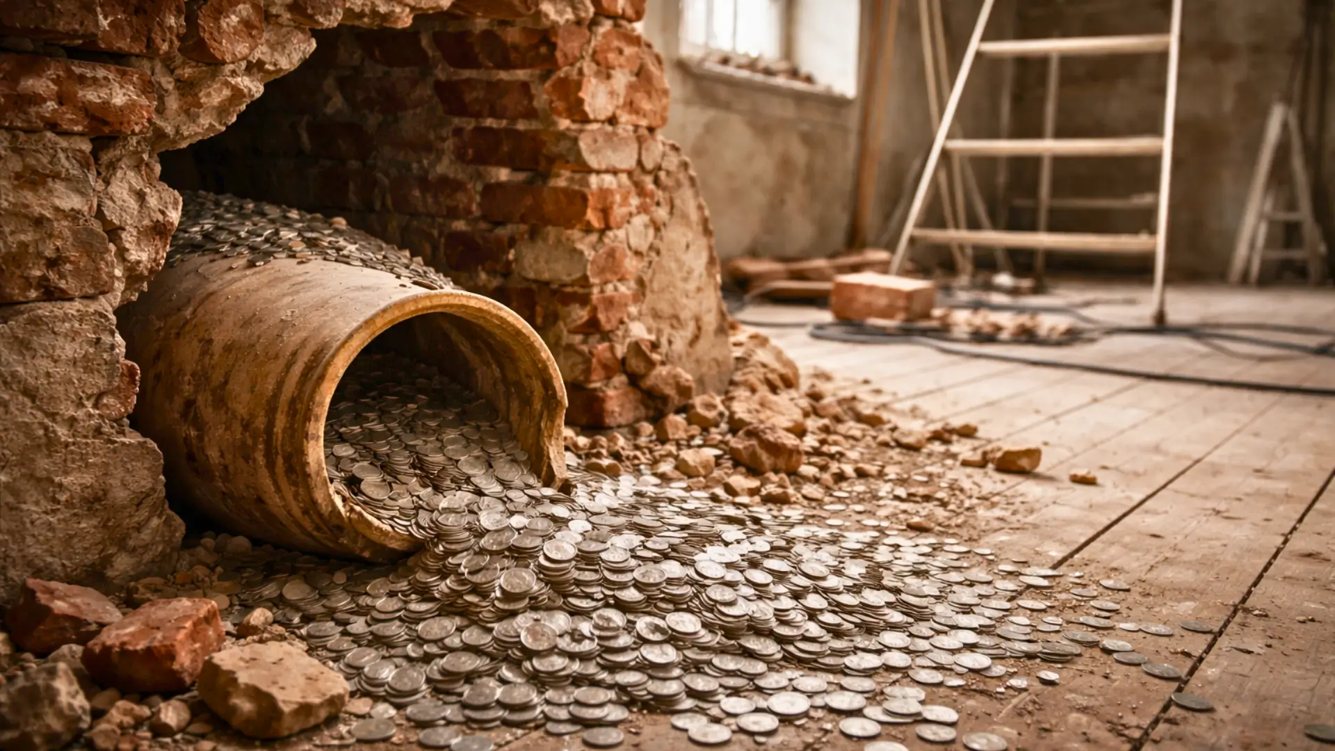 Un pot en céramique brisé renversé sur un plancher en bois, laissant s’échapper des milliers de pièces d’argent anciennes dans un bâtiment en rénovation à Moscou.