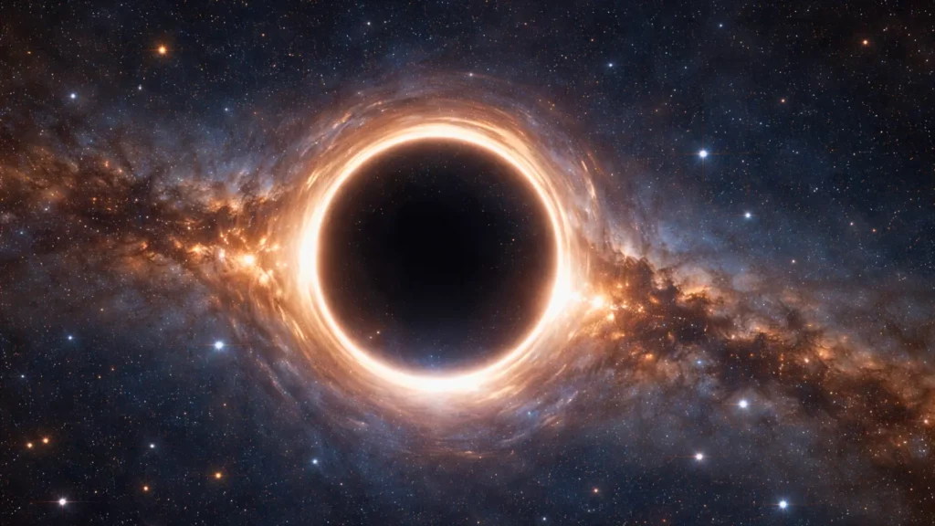 Photographie réaliste d’un trou noir géant entouré d’un anneau d’Einstein lumineux au cœur d’une galaxie lointaine.