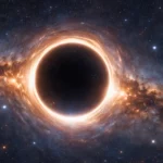 Photographie réaliste d’un trou noir géant entouré d’un anneau d’Einstein lumineux au cœur d’une galaxie lointaine.