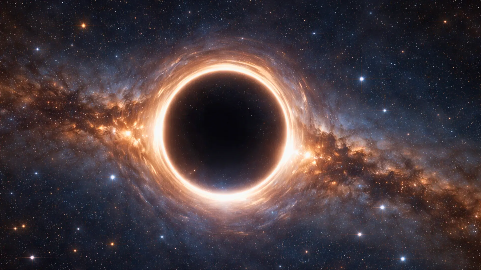 Photographie réaliste d’un trou noir géant entouré d’un anneau d’Einstein lumineux au cœur d’une galaxie lointaine.