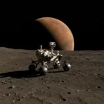 Rover spatial Idefix roulant à la surface d’une lune de Mars avec la planète Mars visible à l’horizon