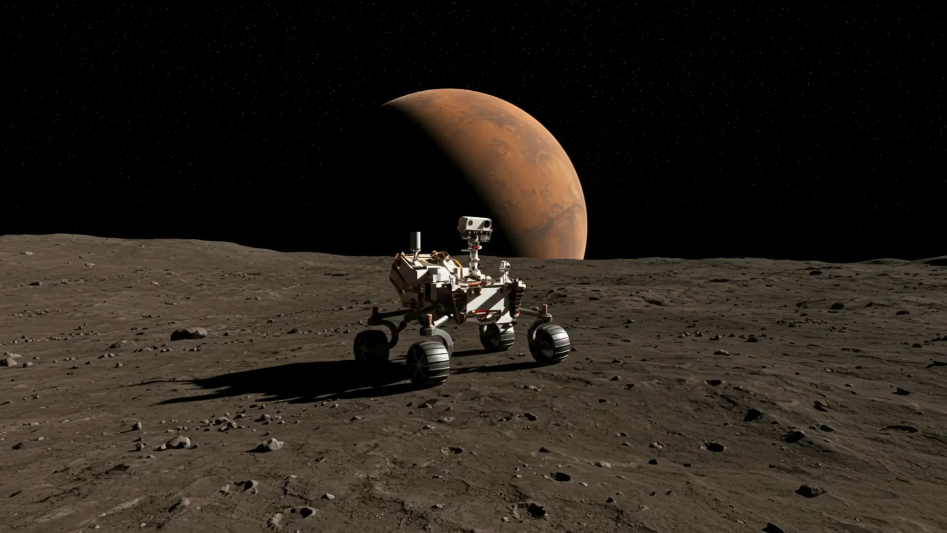 Rover spatial Idefix roulant à la surface d’une lune de Mars avec la planète Mars visible à l’horizon