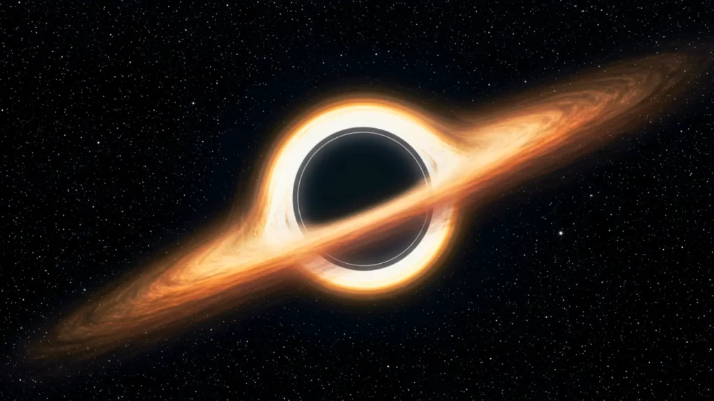 Illustration d’un trou noir supermassif entouré d’un disque d’accrétion lumineux, déformant l’espace-temps sous l’effet de sa gravité extrême.