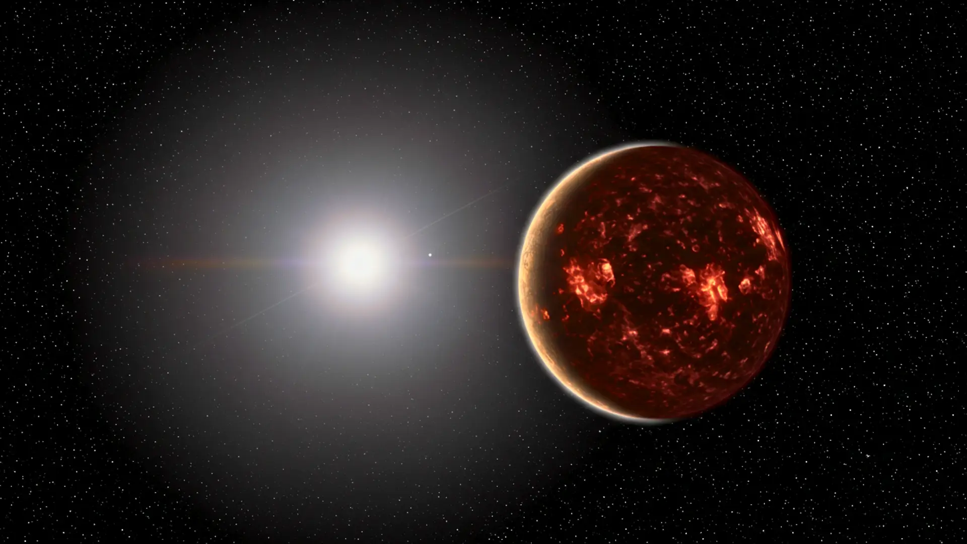 Illustration d’une planète massive et incandescente orbitant très près d’une étoile ancienne, plus vieille que le Soleil, dans un système planétaire inattendu.