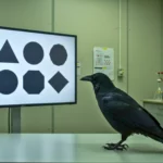 Corneille noire observant des formes géométriques sur un écran lors d’une expérience scientifique sur l’intelligence animale