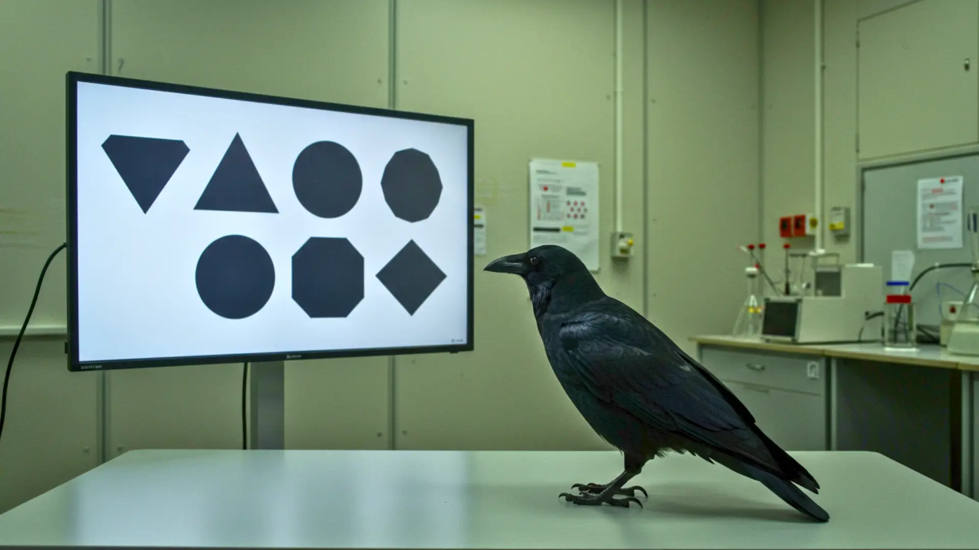Corneille noire observant des formes géométriques sur un écran lors d’une expérience scientifique sur l’intelligence animale