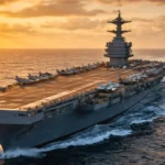 Le porte-avions USS Gerald R. Ford navigue en mer au coucher du soleil, avec plusieurs avions de chasse stationnés sur son pont d’envol.