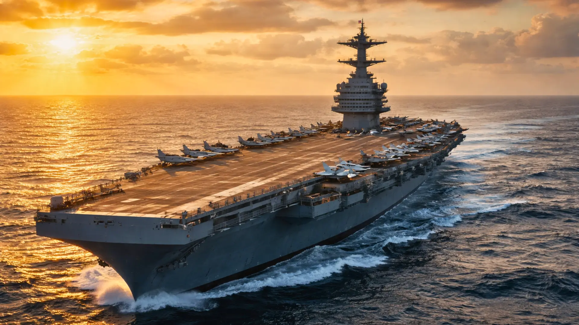 Le porte-avions USS Gerald R. Ford navigue en mer au coucher du soleil, avec plusieurs avions de chasse stationnés sur son pont d’envol.