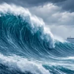 Une vague géante de 35 mètres se dresse en plein océan Pacifique sous un ciel orageux, avec un cargo minuscule à l’horizon.