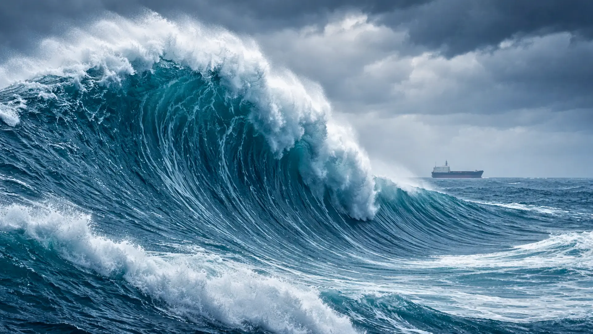Une vague géante de 35 mètres se dresse en plein océan Pacifique sous un ciel orageux, avec un cargo minuscule à l’horizon.