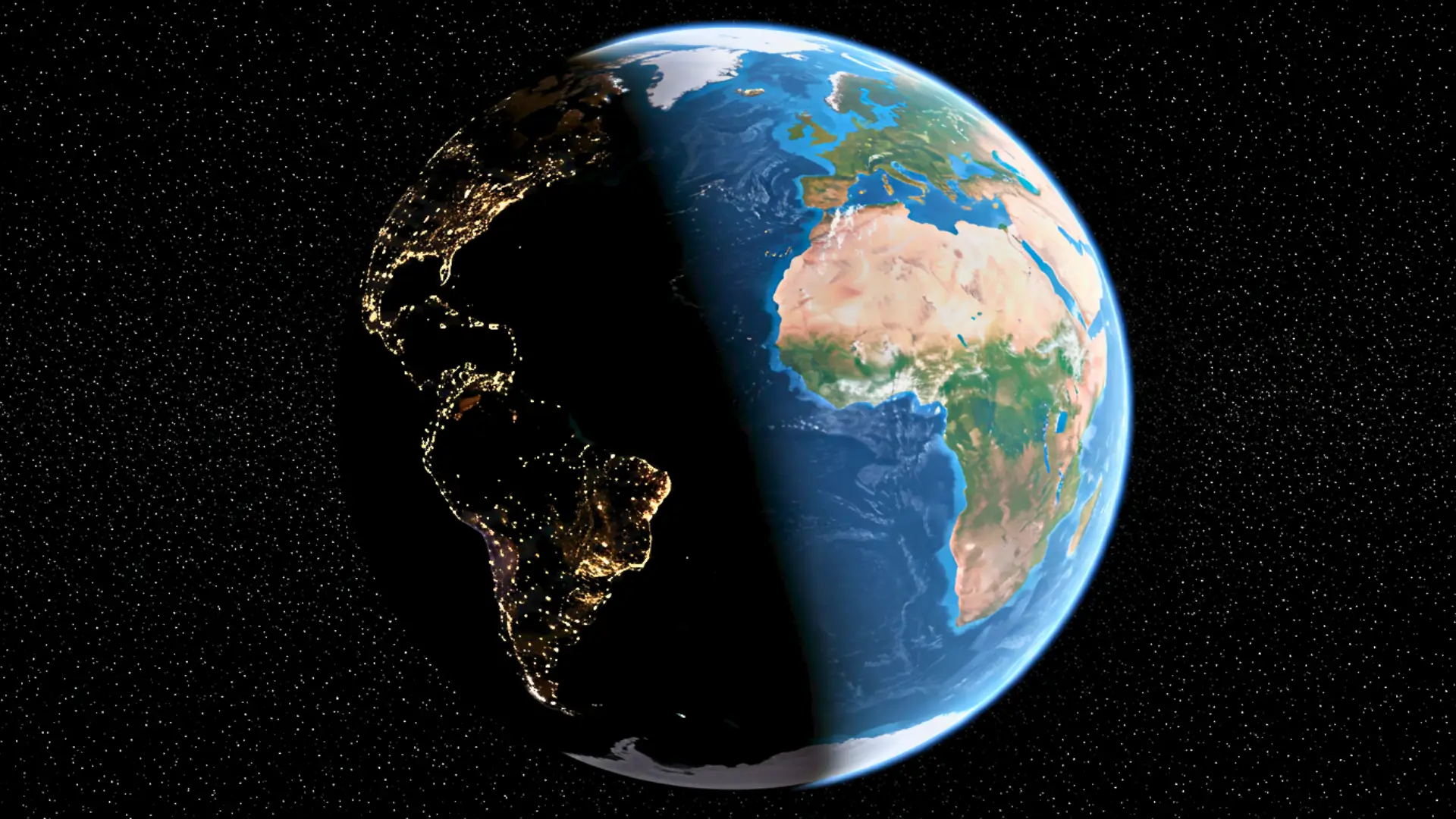 Vue de la Terre depuis l’espace montrant l’alternance jour nuit avec les continents africain et européen visibles
