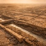 Vue large et réaliste d’une ancienne ville antique réapparaissant sous la boue et les sédiments dans le sud de l’Irak, avec murs de pierre, tracé en damier et canaux visibles.