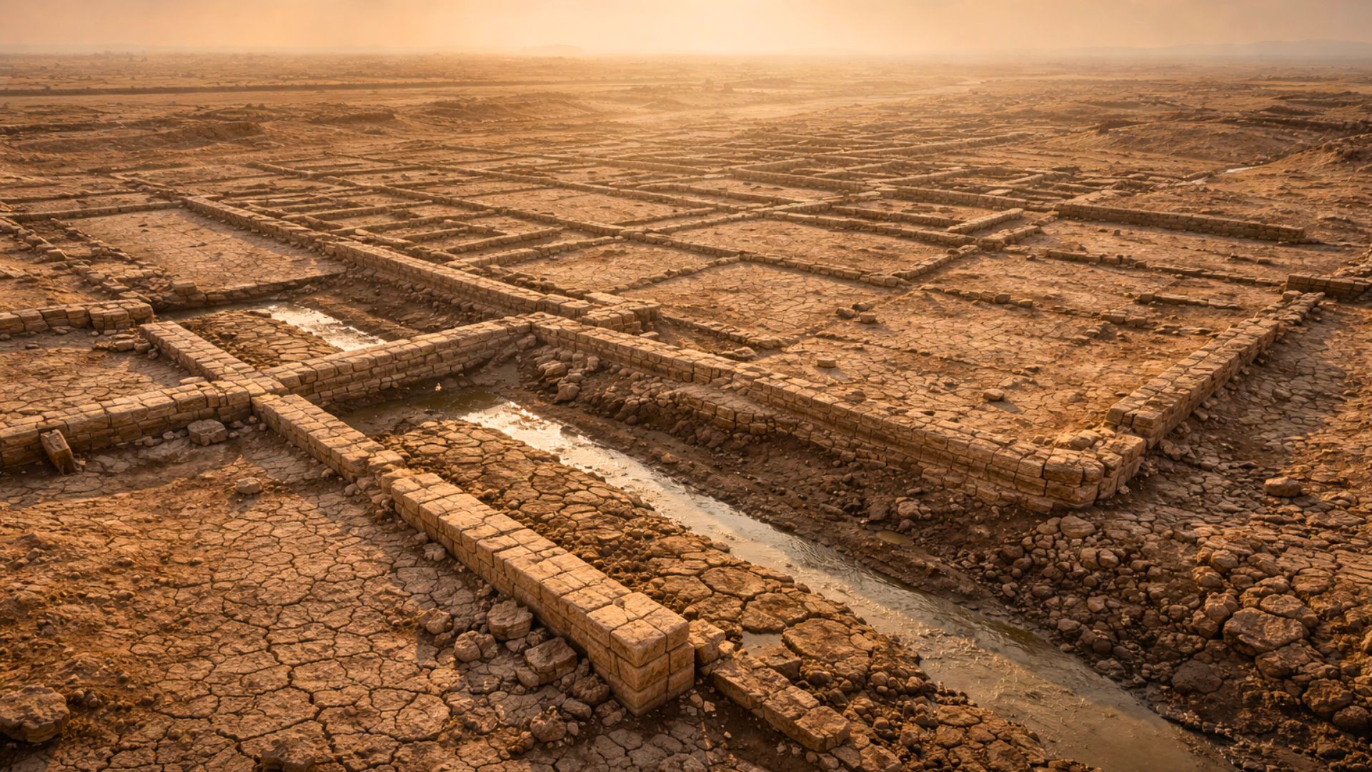 Vue large et réaliste d’une ancienne ville antique réapparaissant sous la boue et les sédiments dans le sud de l’Irak, avec murs de pierre, tracé en damier et canaux visibles.
