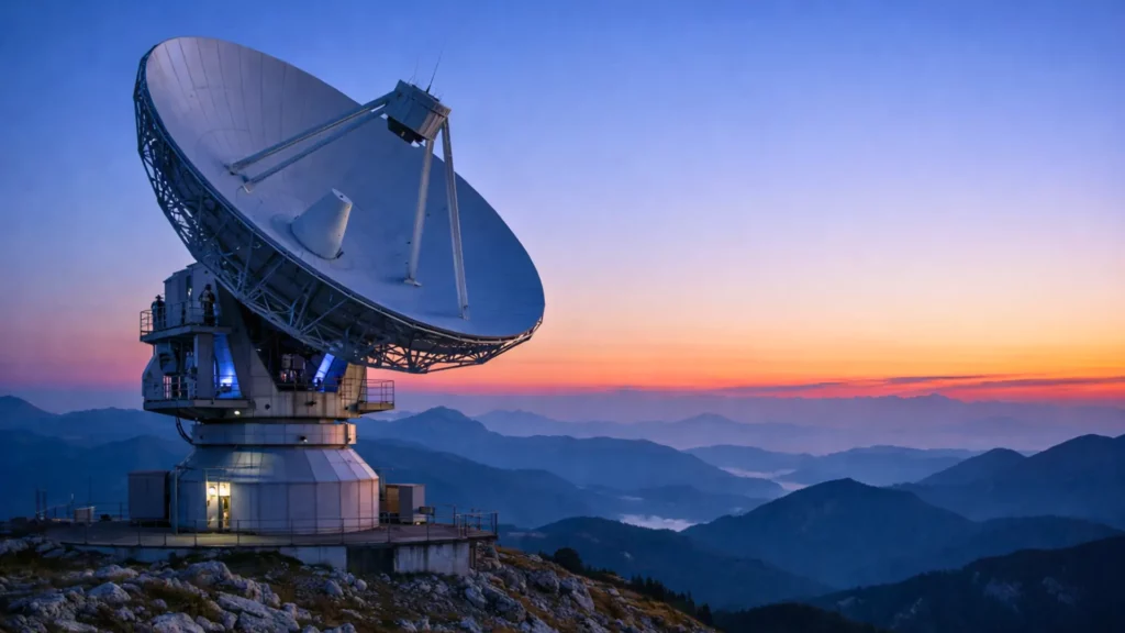 Grande antenne parabolique d’une station satellite installée au sommet d’une montagne, observant le ciel au crépuscule au-dessus de chaînes montagneuses.