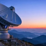 Grande antenne parabolique d’une station satellite installée au sommet d’une montagne, observant le ciel au crépuscule au-dessus de chaînes montagneuses.