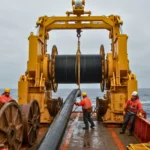 Remontée d’un câble sous-marin sur un navire lors du démantèlement du câble transatlantique TAT-8