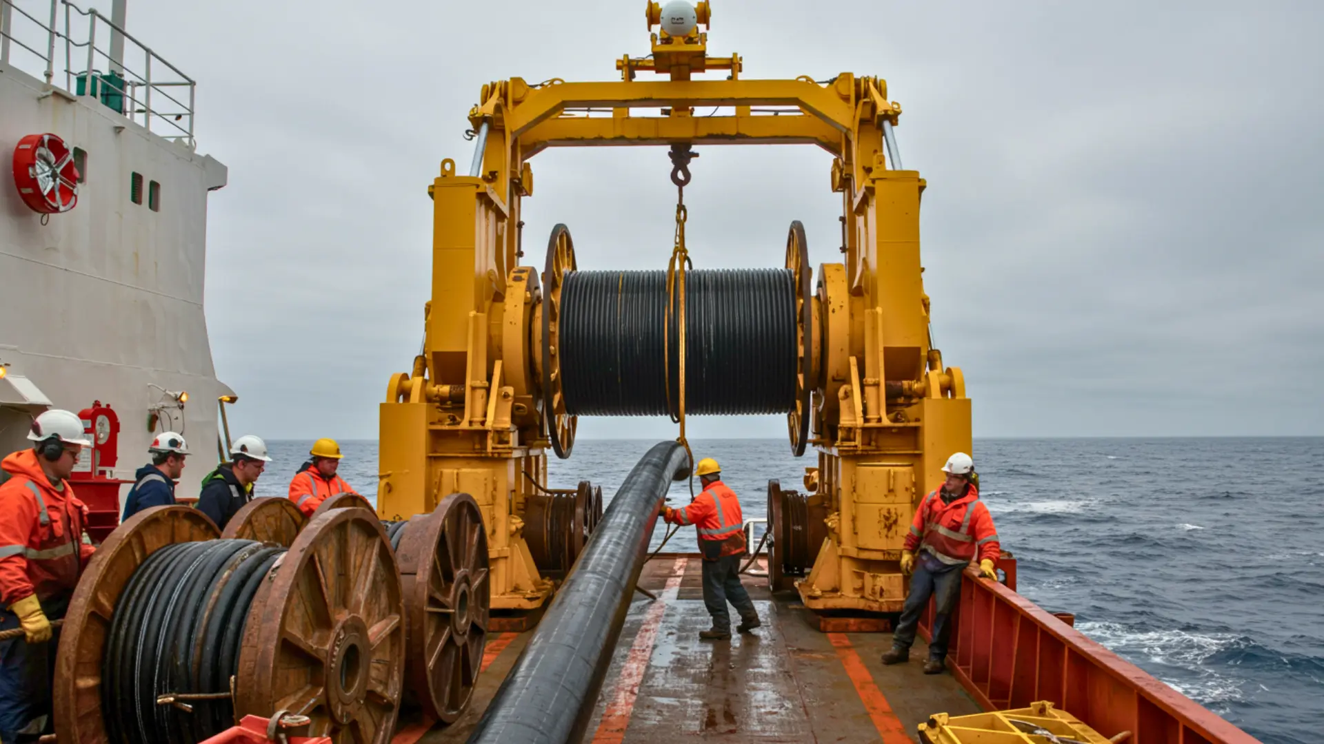 Remontée d’un câble sous-marin sur un navire lors du démantèlement du câble transatlantique TAT-8