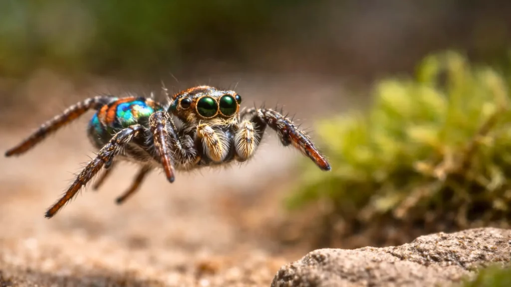 Une araignée paon splendide en plein saut, pattes arrière déployées, capturée en macro au moment précis de son décollage au-dessus du sol australien.
