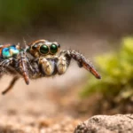Une araignée paon splendide en plein saut, pattes arrière déployées, capturée en macro au moment précis de son décollage au-dessus du sol australien.