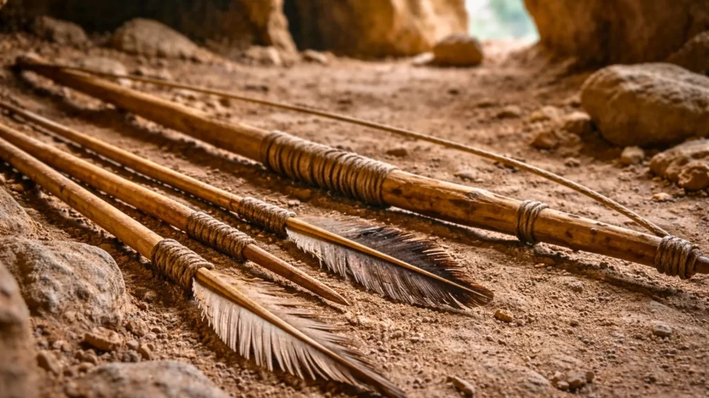 Des flèches préhistoriques avec empennage conservé et un arc ancien reposent sur le sol d’une grotte sèche en Andalousie.