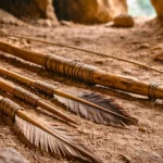 Des flèches préhistoriques avec empennage conservé et un arc ancien reposent sur le sol d’une grotte sèche en Andalousie.