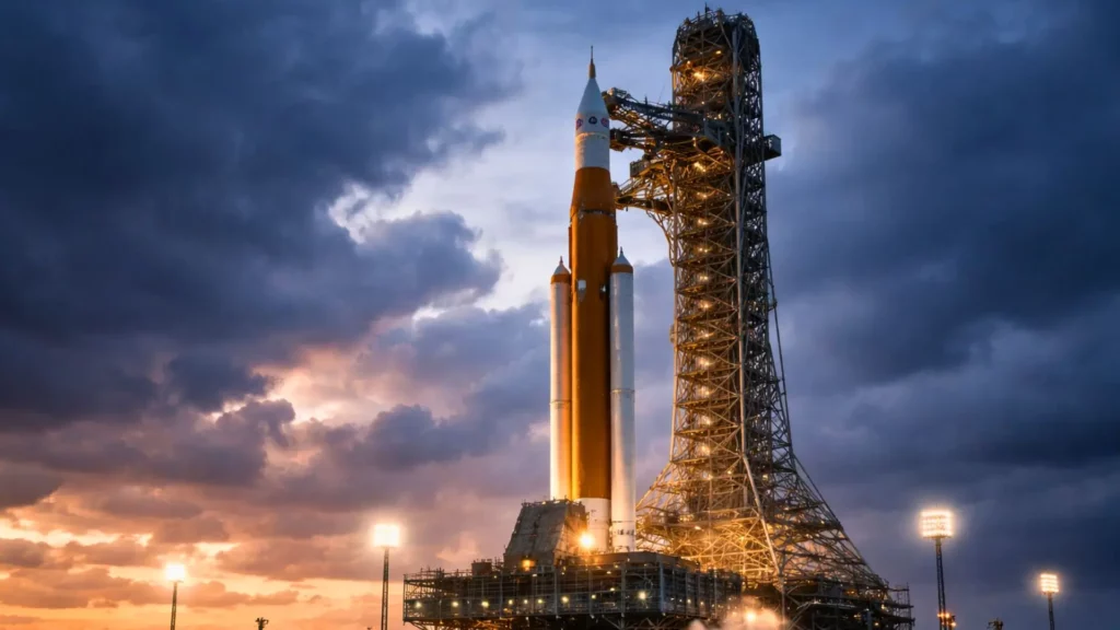 La fusée SLS de la mission Artemis II sur le pas de tir 39B au crépuscule, sous un ciel chargé, juste avant une possible tentative de décollage.
