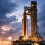 La fusée SLS de la mission Artemis II sur le pas de tir 39B au crépuscule, sous un ciel chargé, juste avant une possible tentative de décollage.