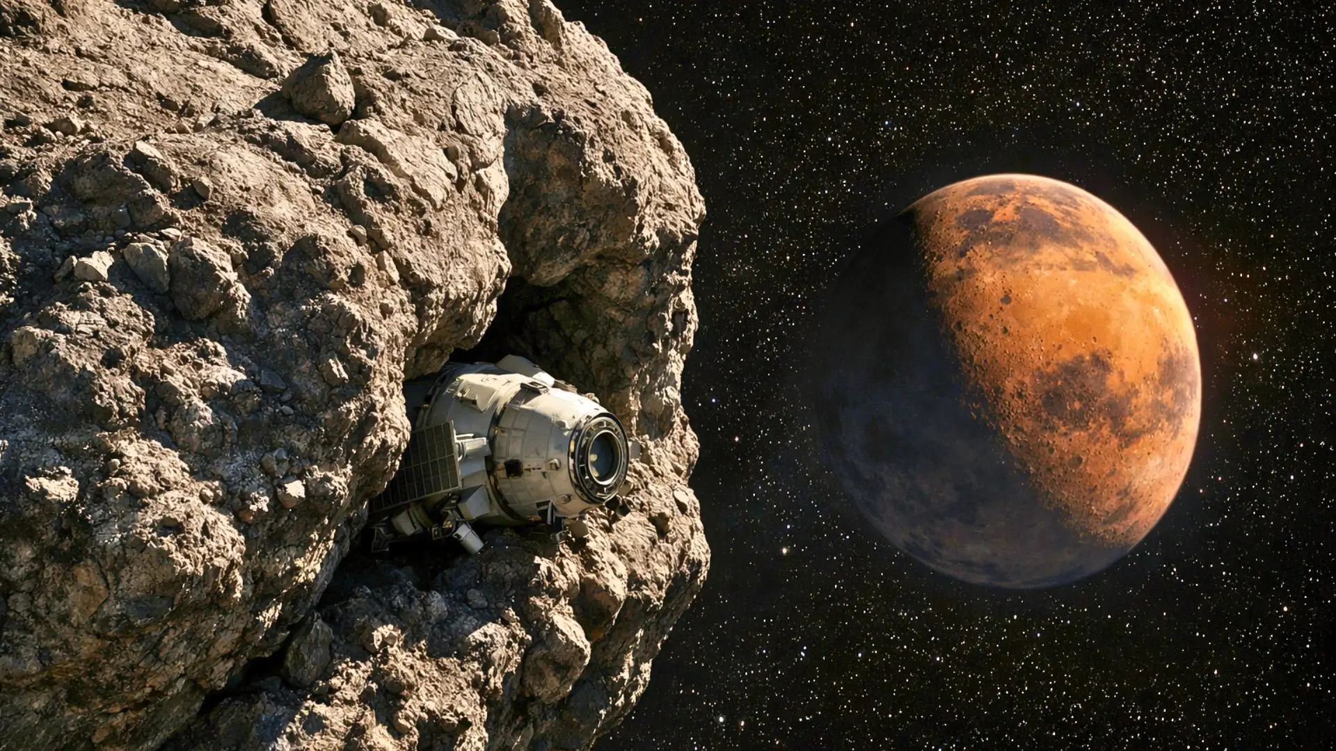 Un vaisseau spatial se glisse à l’abri d’un immense astéroïde rocheux, avec Mars visible au loin dans l’espace.